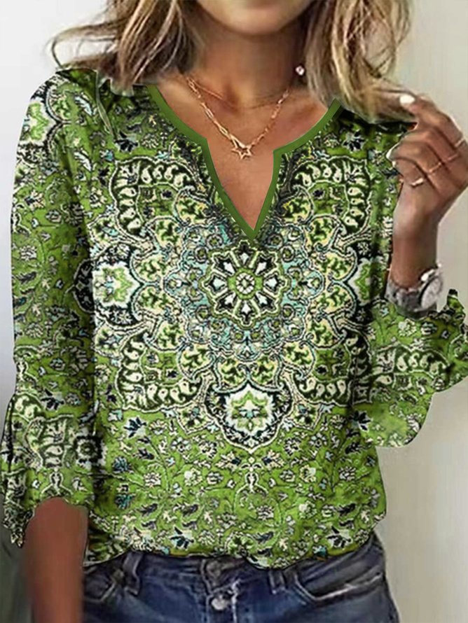 Women's  Red Geometric Printed Long Sleeve V Neck ethnic style t-shirt