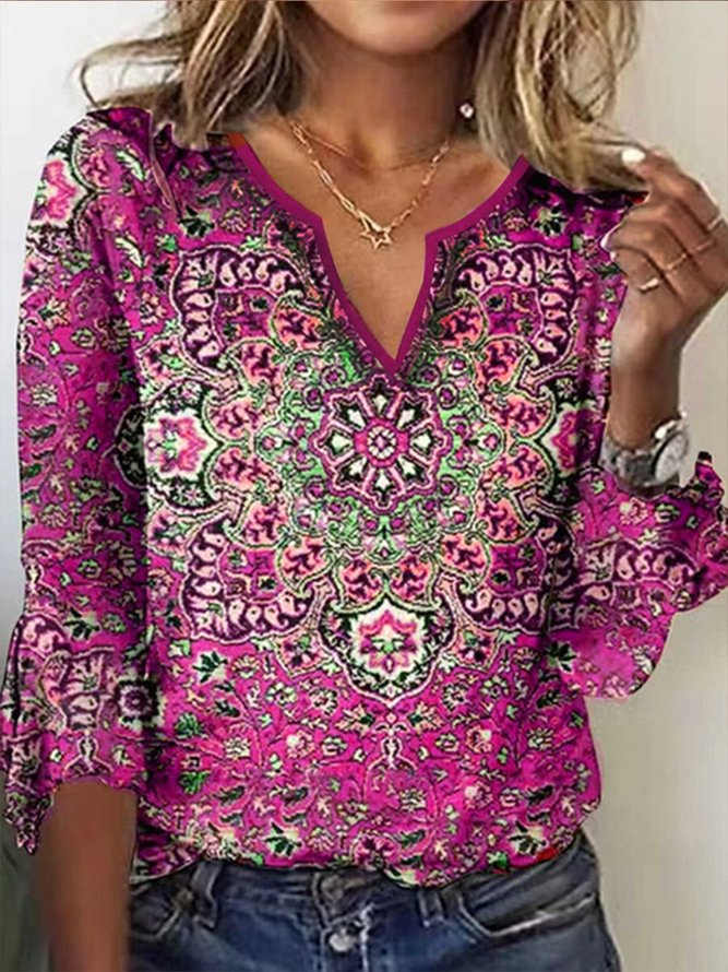 Women's  Red Geometric Printed Long Sleeve V Neck ethnic style t-shirt