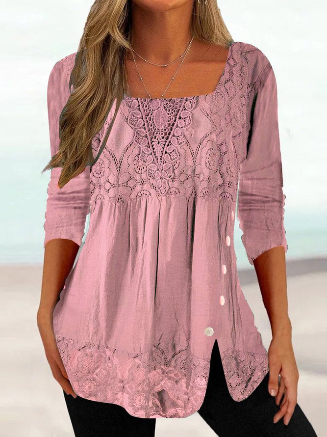 Women's Ethnic Casual Square neck Lace Tops Long Sleeve U Neck Tunic