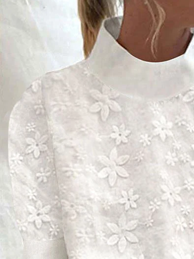 Women's Cotton Linen Lace Lapel Button Down Short Sleeve Shirt