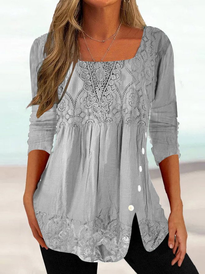 Women's Ethnic Casual Square neck Lace Tops Long Sleeve U Neck Tunic