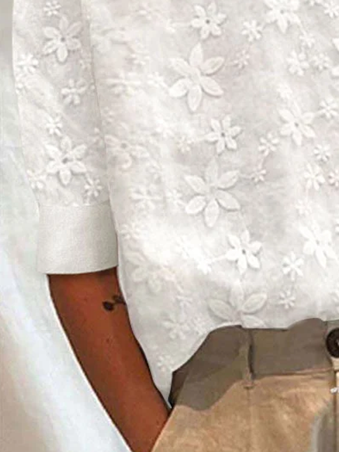 Women's Cotton Linen Lace Lapel Button Down Short Sleeve Shirt