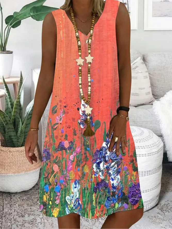 Loose Casual V Neck Floral Dress