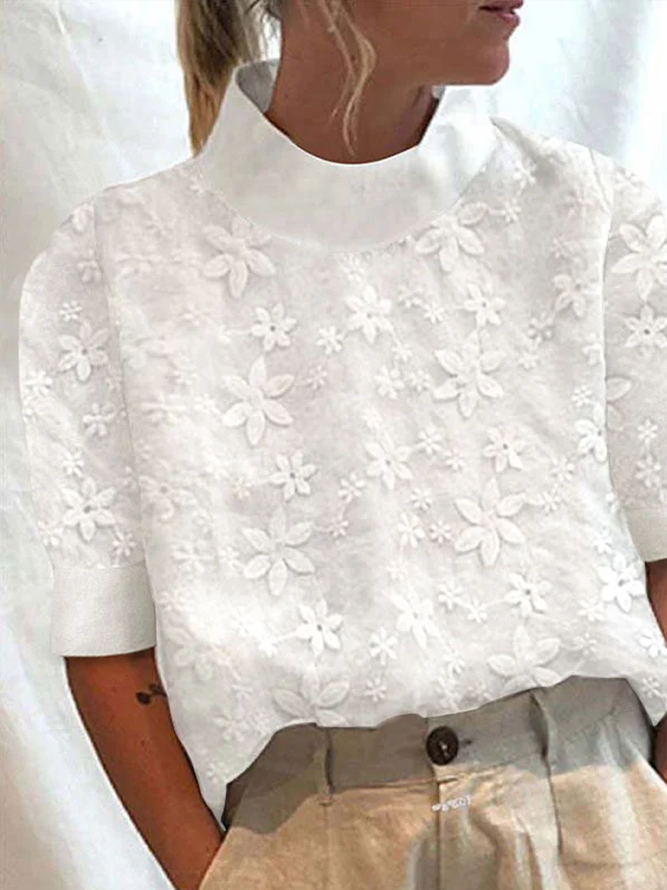 Women's Cotton Linen Lace Lapel Button Down Short Sleeve Shirt