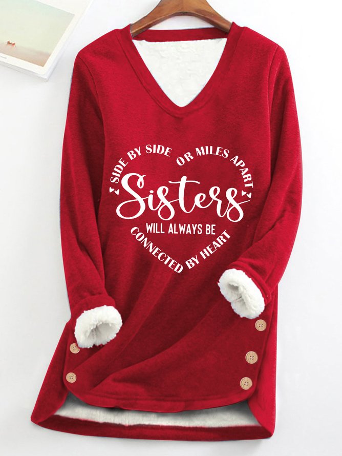 Women Sister Text Letters V Neck Regular Fit Casual Sweatshirt