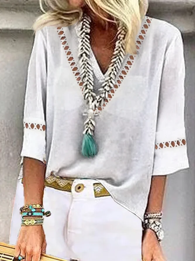 V Neck Cotton And Linen Linen Shirt