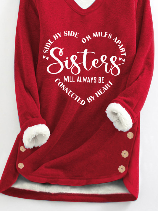 Women Sister Text Letters V Neck Regular Fit Casual Sweatshirt