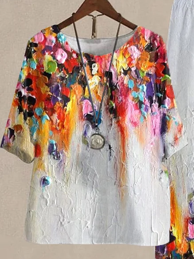 Print Lounge Sets For Women Cotton and Linen Matching Sets Two Piece Lounge Short Sleeve Round Neck Top and Loose Pants Set Printed Casual Sets Loose Ombre Crew Neck Casual Two-Piece Set 