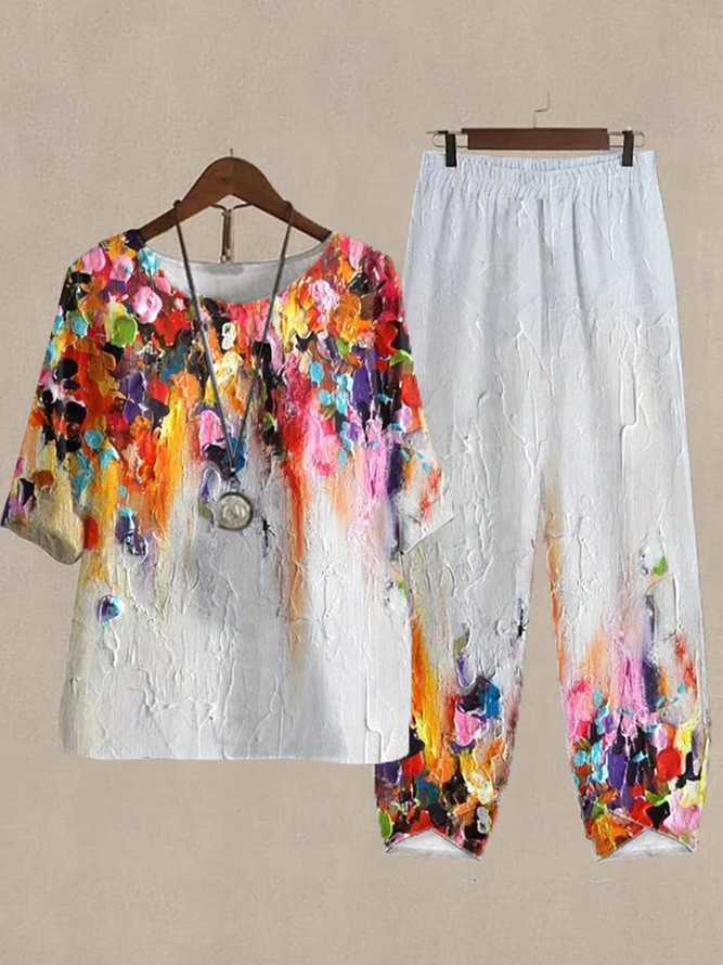 Print Lounge Sets For Women Cotton and Linen Matching Sets Two Piece Lounge Short Sleeve Round Neck Top and Loose Pants Set Printed Casual Sets Loose Ombre Crew Neck Casual Two-Piece Set 
