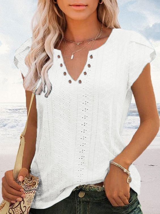 Women's Eyelet Tops V Neck Vacation Plain Skin-friendly and Breathable Shirt