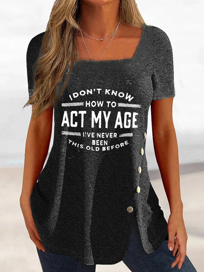 Square Neck Casual Text Letters T-Shirt