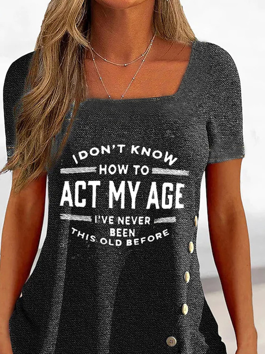 Square Neck Casual Text Letters T-Shirt