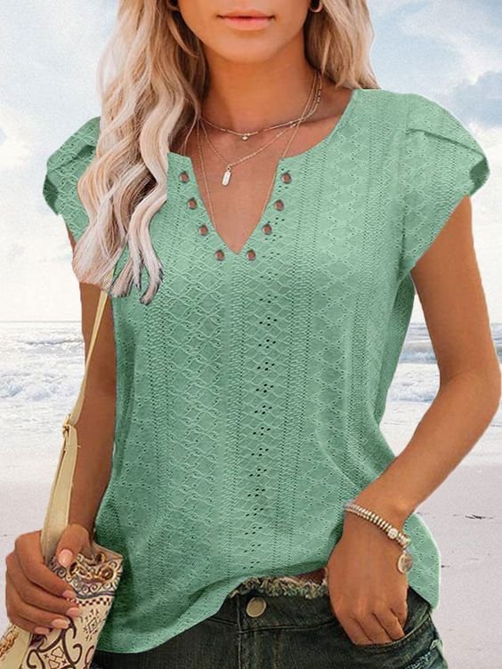 Women's Eyelet Tops V Neck Vacation Plain Skin-friendly and Breathable Shirt