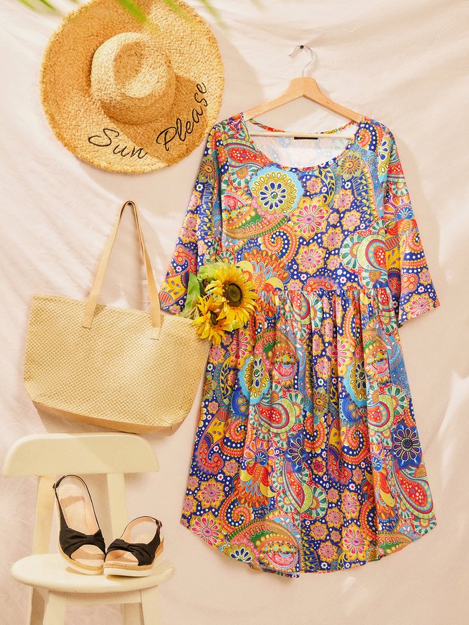Women's Smock Dress Paisley Midi Dress Round Neck Flare Sleeve Casual Midi Smock Dress