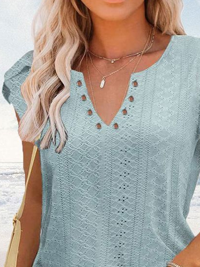 Women's Eyelet Tops V Neck Vacation Plain Skin-friendly and Breathable Shirt
