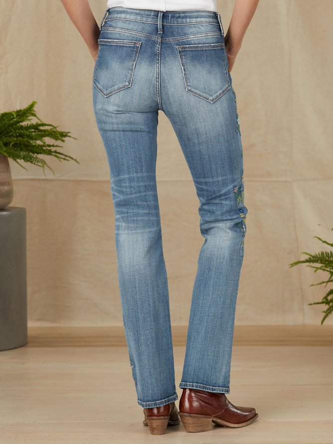 Tight Boho Floral Washing Process Jeans