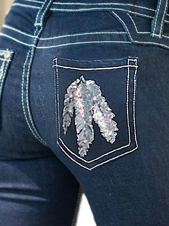 Feather Pattern Floral Denim Loose Casual Jeans