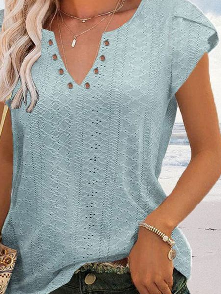 Women's Eyelet Tops V Neck Vacation Plain Skin-friendly and Breathable Shirt