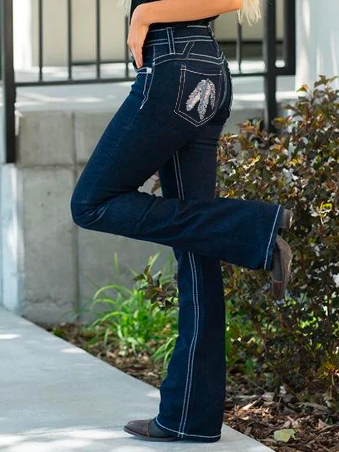 Feather Pattern Floral Denim Loose Casual Jeans