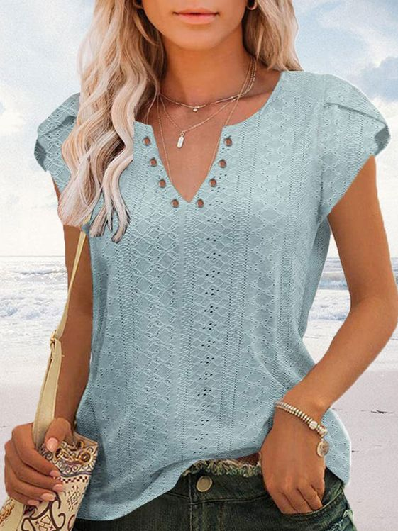 Women's Eyelet Tops V Neck Vacation Plain Skin-friendly and Breathable Shirt