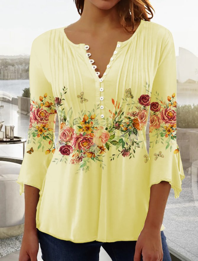 Women's Ethnic Casual V-neck A-Line Tops Long Sleeve Henry Collar Red Rose Print Tunic Daily Hot List