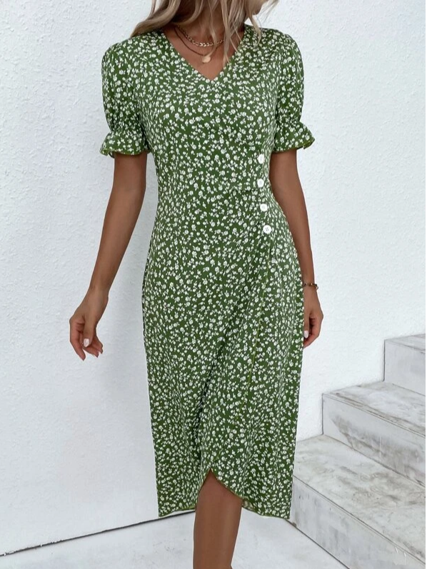 Ditsy Floral Ditsy Flounce Sleeve Wrap Hem Dress