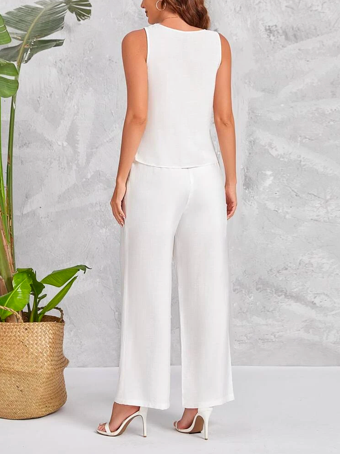 Loose Crew Neck Casual Linen Cut Out Side Tank Top & Drawstring Waist Wide Leg Pants