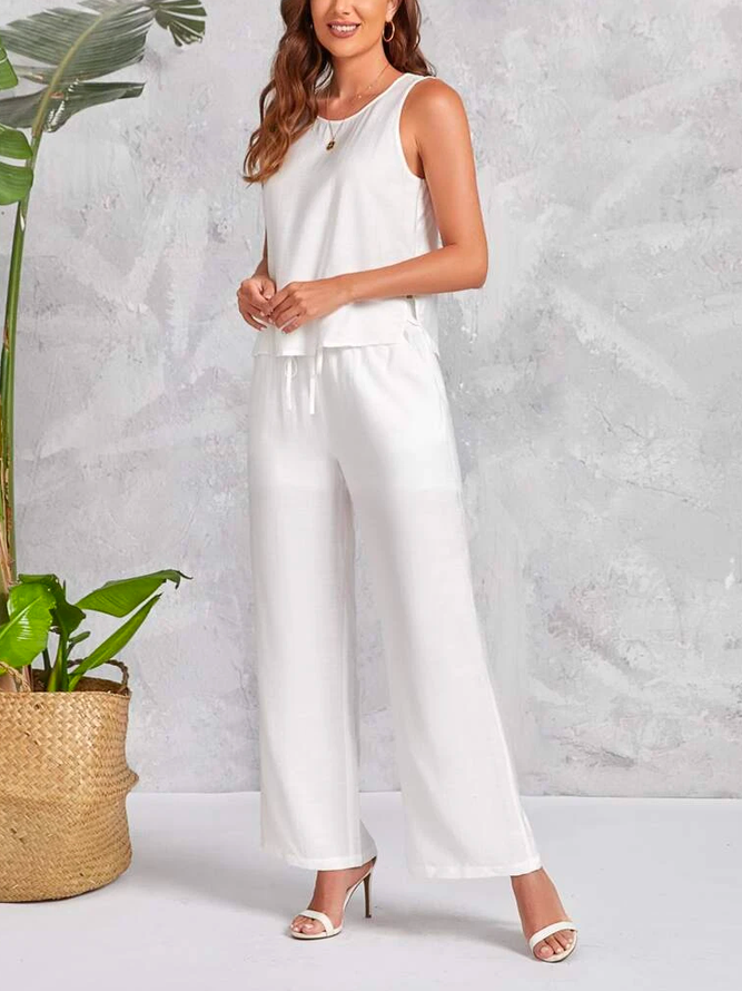 Loose Crew Neck Casual Linen Cut Out Side Tank Top & Drawstring Waist Wide Leg Pants
