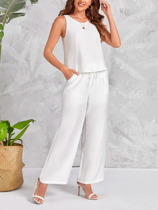 Loose Crew Neck Casual Linen Cut Out Side Tank Top & Drawstring Waist Wide Leg Pants