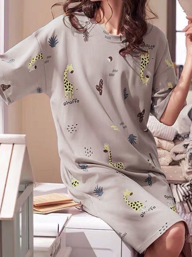 Cute Printed Loose Round Neck Short Sleeve Homewear Nightdress