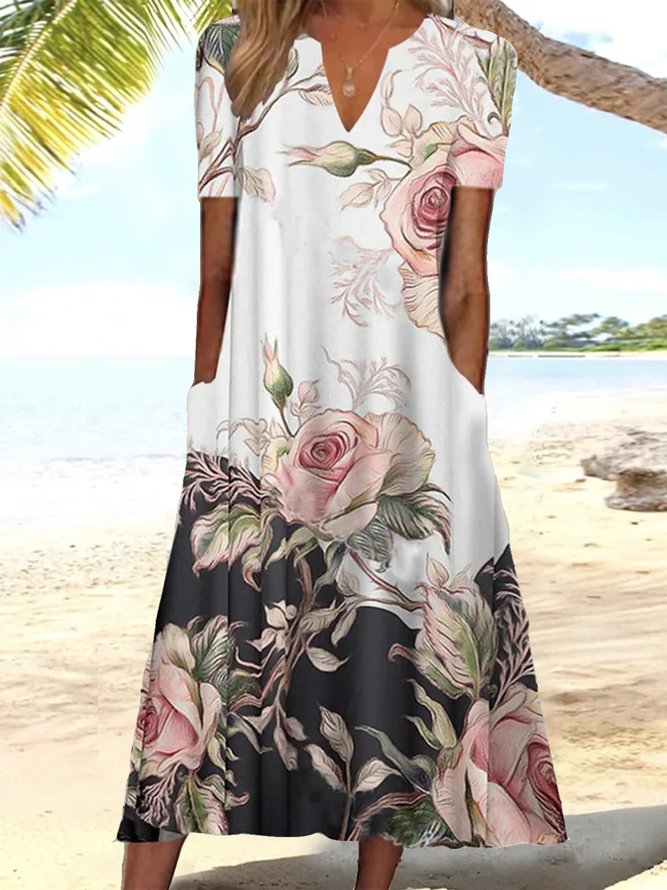 Women's Rose Print Elegant Floral Loose Maxi Summer Dress