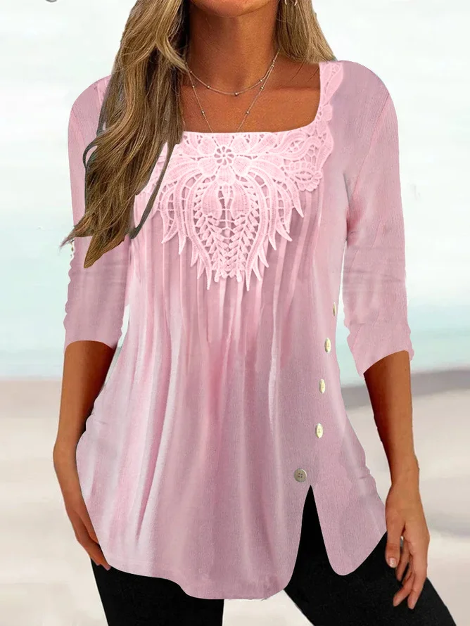 Women's Summer Tunics Square Neck Casual Plain Regular Fit Half Sleeve Top