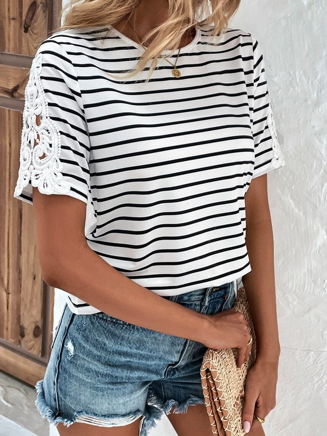 Color Block Casual Loose Striped Contrast Lace T-Shirt