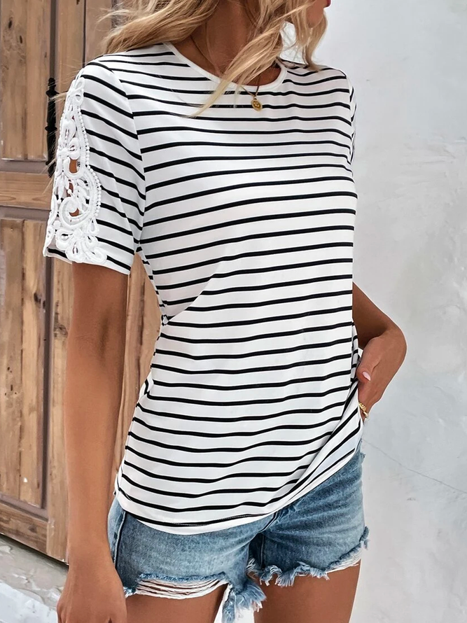 Color Block Casual Loose Striped Contrast Lace T-Shirt