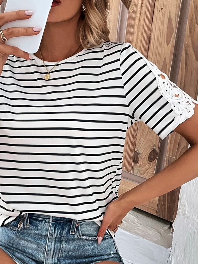 Color Block Casual Loose Striped Contrast Lace T-Shirt