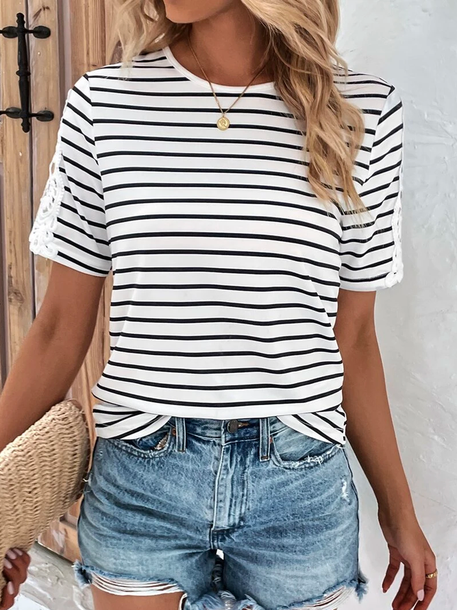 Color Block Casual Loose Striped Contrast Lace T-Shirt