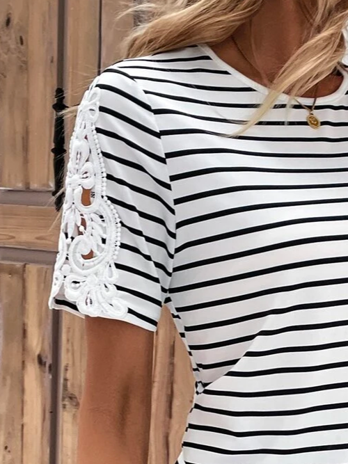 Color Block Casual Loose Striped Contrast Lace T-Shirt