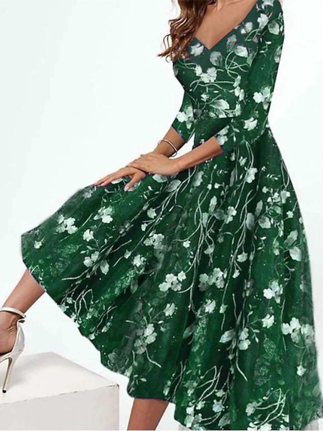 Women's Swing Dress Floral Dress Midi Dress 3/4 Length Sleeve Floral Print V Neck Dress