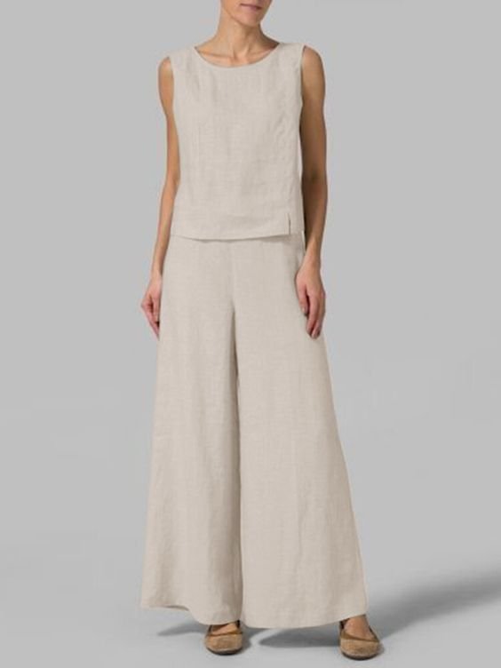 Loose Linen Plain Cotton And Linen Two-Piece Set