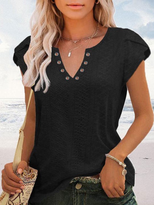 Women's Eyelet Tops V Neck Vacation Plain Skin-friendly and Breathable Shirt