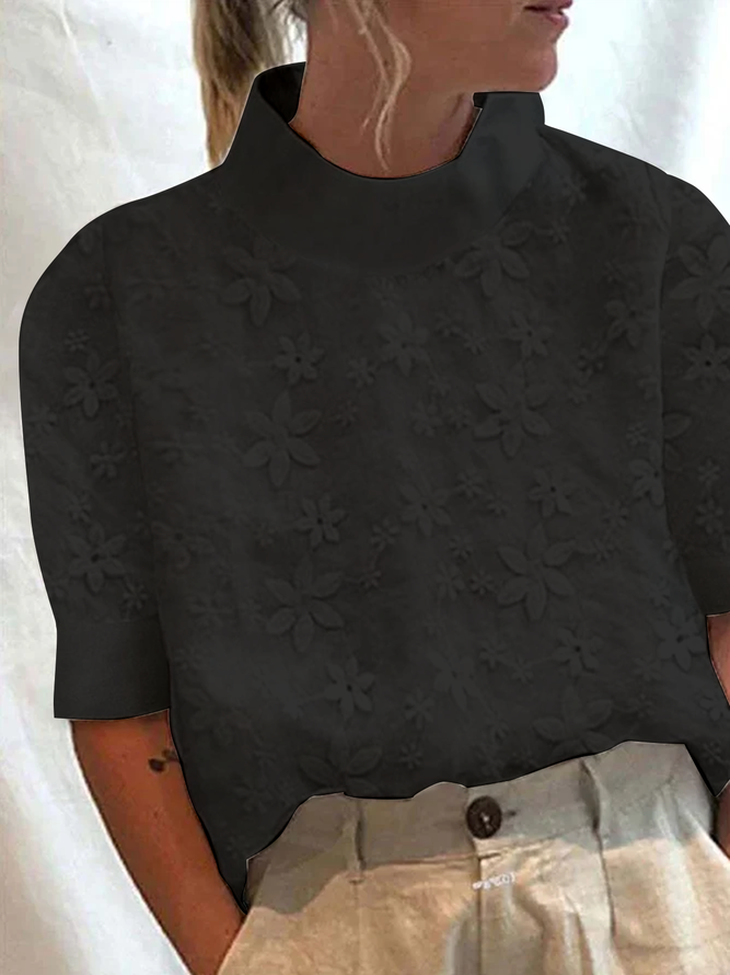 Women's Cotton Linen Lace Lapel Button Down Short Sleeve Shirt