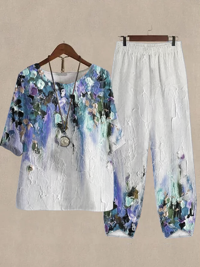 Print Lounge Sets For Women Cotton and Linen Matching Sets Two Piece Lounge Short Sleeve Round Neck Top and Loose Pants Set Printed Casual Sets Loose Ombre Crew Neck Casual Two-Piece Set 