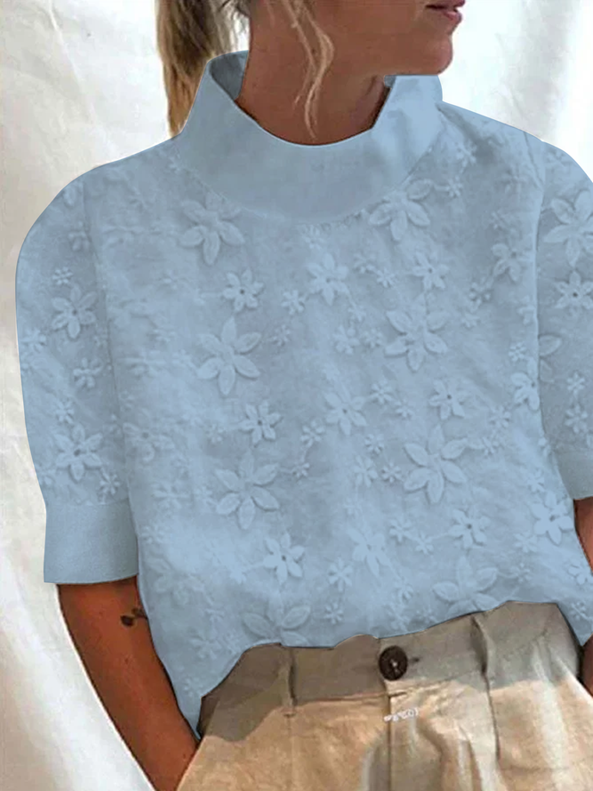 Women's Cotton Linen Lace Lapel Button Down Short Sleeve Shirt