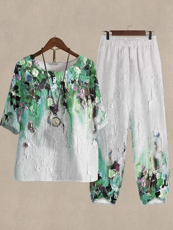 Print Lounge Sets For Women Cotton and Linen Matching Sets Two Piece Lounge Short Sleeve Round Neck Top and Loose Pants Set Printed Casual Sets Loose Ombre Crew Neck Casual Two-Piece Set 
