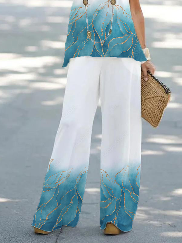 Floral Ombre Crew Neck Casual Two-Piece Set