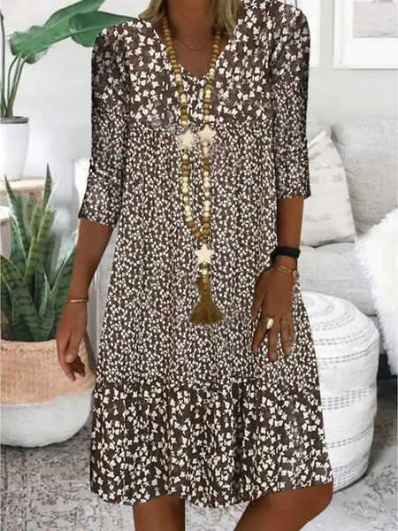 Brown Three Quarter V Neck Floral Shining Midi Smock Dress