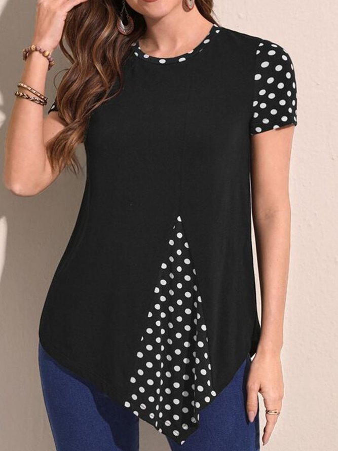 Women's summer color contrast splicing wave dot fake two short sleeve T-shirt