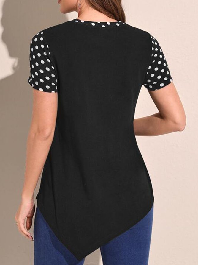 Women's summer color contrast splicing wave dot fake two short sleeve T-shirt