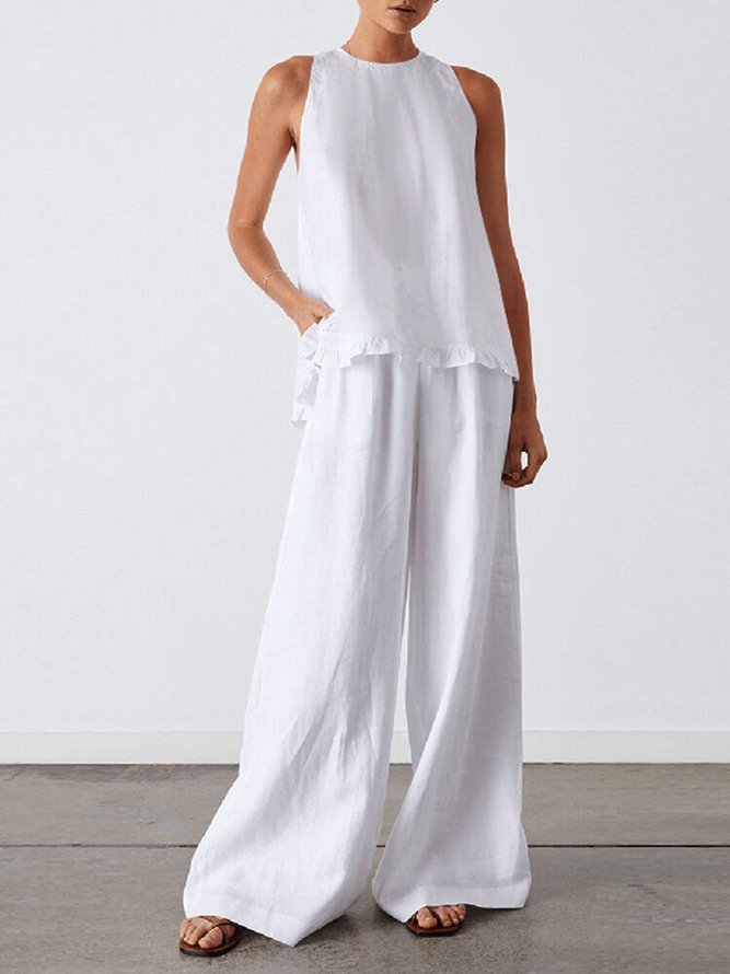 Cotton And Linen Linen Plain Two-Piece Set