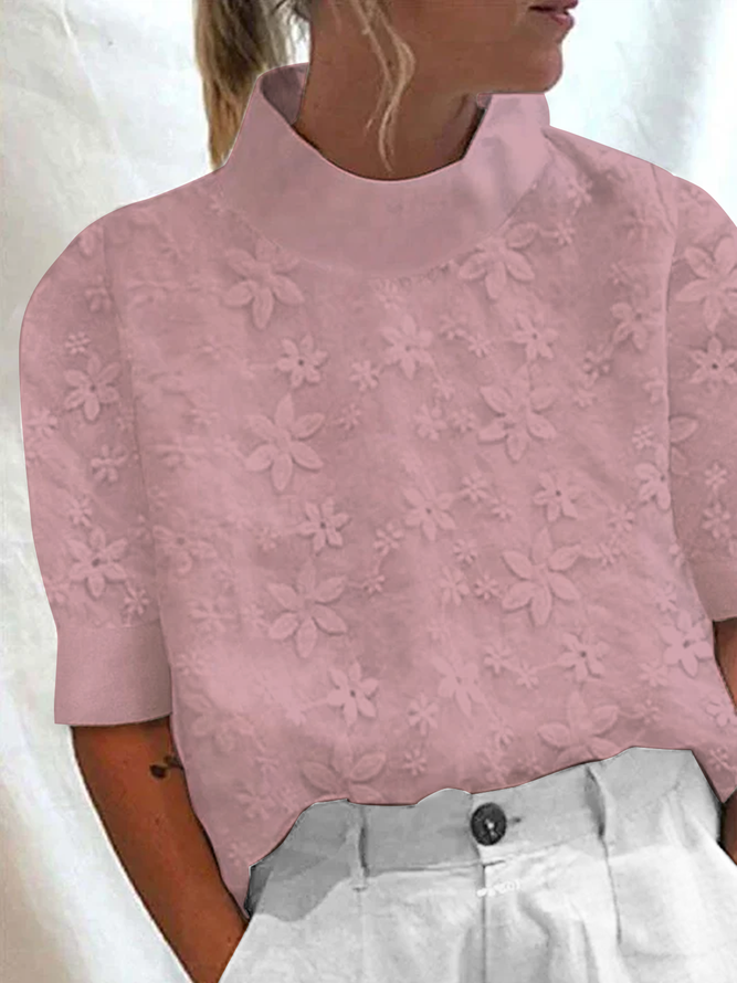 Women's Cotton Linen Lace Lapel Button Down Short Sleeve Shirt